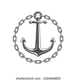 Anchor with round chain frame. Vintage nautical badge. Marine emblem with anchors and of chains. Ship anchor, vintage icon. Vector illustration EPS 10.