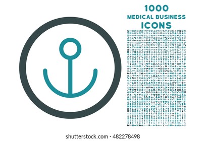 Anchor rounded vector bicolor icon with 1000 medical business icons. Set style is flat pictograms, soft blue colors, white background.