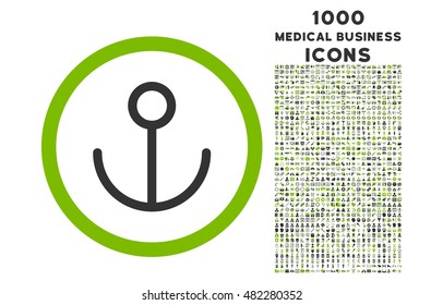 Anchor rounded vector bicolor icon with 1000 medical business icons. Set style is flat pictograms, eco green and gray colors, white background.