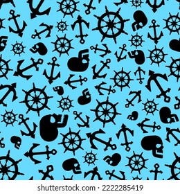 Anchor and rudder and skull pattern seamless. Baby fabric texture Pirate theme