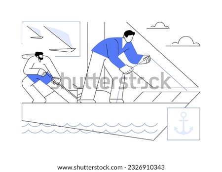 Anchor sail yacht abstract concept vector illustration. Group of people on anchor sail yacht, personal boat, water transport, maritime vehicle, luxury vessel, nautical trip abstract metaphor.