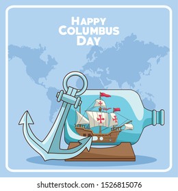 anchor and sailing ship in a bottle over blue background. Happy Columbus day colorful design, vector illustration