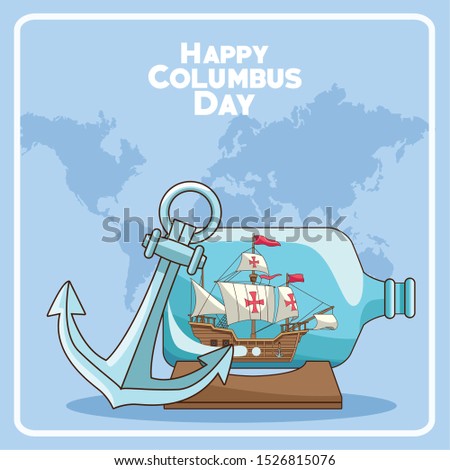 anchor and sailing ship in a bottle over blue background. Happy Columbus day colorful design, vector illustration