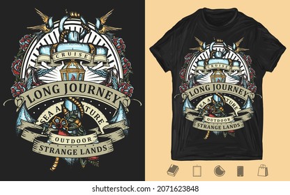 Anchor. Sea adventure art. Retro style. Traditional old school tattoo concept. Roses flowers, ribbon and swallows birds. Creative print for clothes. T-shirt design. Template for posters, textile