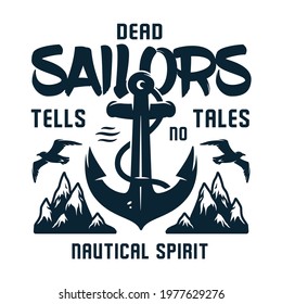 Anchor for sea print. Old marine or nautical anchorage ship. Design emblem of ocean port for sailor t-shirt