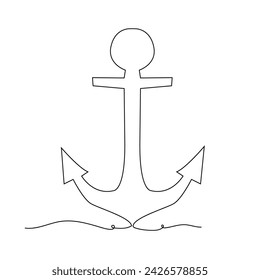 Anchor, sea wave. Manual drawing of one continuous line.