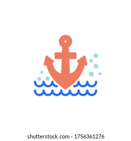 Anchor and sea waves flat icon, vector sign, marine travel colorful pictogram isolated on white. Symbol, logo illustration. Flat style design