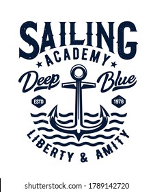 Anchor and sea waves t-shirt print vector mockup of sailing and yachting sport. Nautical ship, sailboat or yacht racing competition, regatta or sailing academy blue badge, custom apparel template