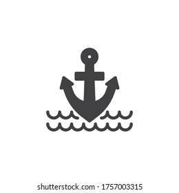 Anchor and sea waves vector icon. filled flat sign for mobile concept and web design. Nautical anchor glyph icon. Symbol, logo illustration. Vector graphics