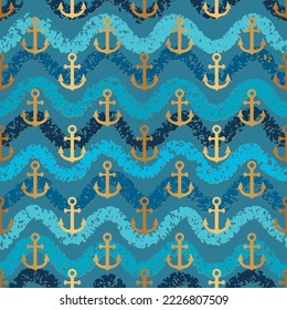 Anchor seamless pattern. Anchors texture. Symbol boat or ship on blue green background. Repeated sailing patern. Marine design for prints. Maritime patern. Repeating sea backdrop. Vector illustration