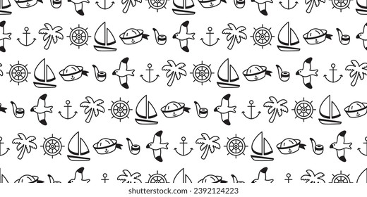 Anchor seamless pattern boat sailor palm tree squid bird vector helm seagull pirate maritime Nautical sea ocean gift wrapping paper tile background repeat wallpaper illustration design scarf isolated