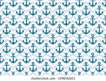 Anchor seamless pattern. Nautical geometric background. Stripe horizontal Zig Zag vector ornament. Blue navy backdrop.
