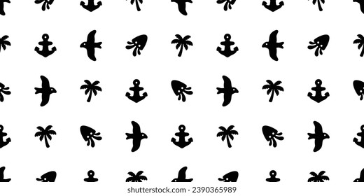 Anchor seamless pattern palm tree squid bird vector helm seagull pirate maritime Nautical sea ocean gift wrapping paper tile background repeat wallpaper illustration design scarf isolated
