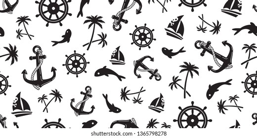 Anchor seamless pattern vector boat pirate helm palm tree maritime Nautical ocean sea repeat wallpaper scarf isolated tile background