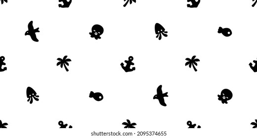 Anchor seamless pattern vector fish boat pirate bird octopus helm palm tree maritime Nautical sea ocean scarf isolated repeat wallpaper tile background design