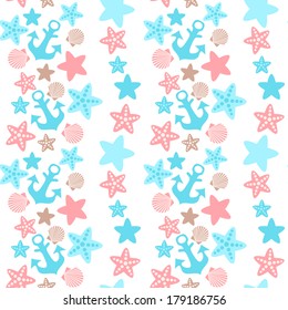 anchor; seashell and starfish seamless pattern. EPS 10. No transparency. No gradients.