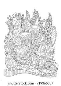 Anchor in seaweeds and corals. Anchor in coral reef. Vector adult coloring page. Underwater illustration. Black line doodle coloring page. Summer travel adult coloring book. Seaworld coloring book
