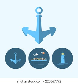 Anchor. Set with 3 round colorful icons, blue anchor, lighthouse and cargo container ship , logistic icons, vector illustration