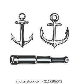 Anchor set. Design element.  Black and white vector illustration.