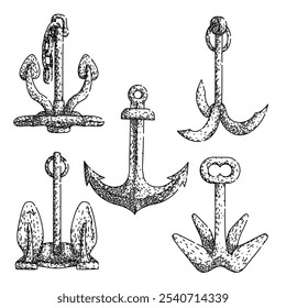 anchor set hand drawn. nautical retro, maritime classic, timeless rustic anchor vector sketch. isolated black illustration