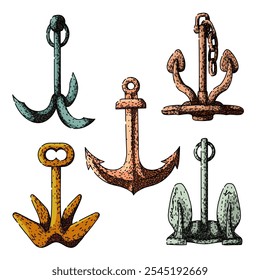 anchor set hand drawn. nautical retro, maritime classic, timeless rustic anchor vector sketch. isolated color illustration