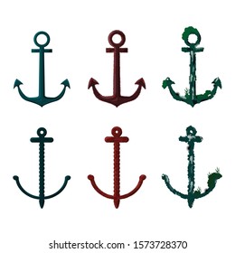 Anchor set. New, rusty and submerged anchor set. Vector.