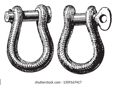 Ankerklammern sind die Schleife oder Leder mit zwei Augen und einem Schraubenbolzen oder -bolzen und -schlüssel, einer Vintage-Linie-Zeichnung oder Graviergrafik.
