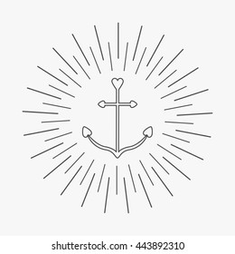 Anchor in shapes of heart. Round thin line frame label icon Ship anchor. Nautical sign symbol. Isolated White background. Flat design. Vector illustration