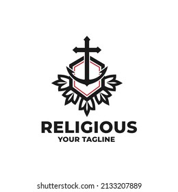 Anchor and shield logo, church symbol, cross, flower, template, religious design illustration