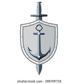 Anchor, shield, sword. Logo, symbol, tattoo. Sleek style. Vector Image. White background.