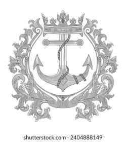 Anchor ship with crowm and antique baroque frame, Vintage nngraving drawing style illustration