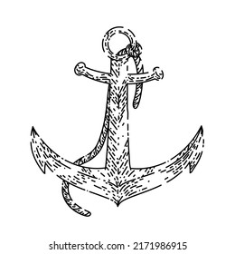 Anchor Ship Hand Drawn Vector. Sea Rope, Nautical Old Boat, Marine Navy Anchor Ship Sketch. Isolated Black Illustration