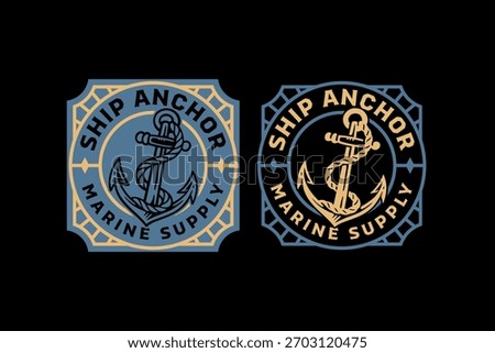 Anchor ship retro badge logo vector design set for adventure. Mooring anchor vintage patch illustration pack for sailing. Nautical anchor emblem sticker element design for coastal outdoor