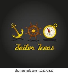 anchor, ship rudder, compass sailor icons, vector illustration