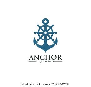 Anker und Schiff-Lenkrad-Navigation Logo Design auf weißem Hintergrund, Vektorgrafik.