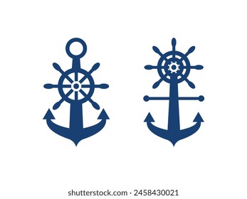 Anchor with ship steering wheel navigation logo vector illustration