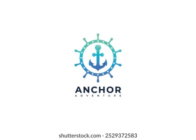 anchor and ship steering wheel navigation logo design on white background, Vector illustration
