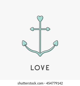 Anchor ship thin line icon in shapes of heart. Nautical sign symbol. Blue color. Love greeting card. Isolated White background. Flat design. Vector illustration