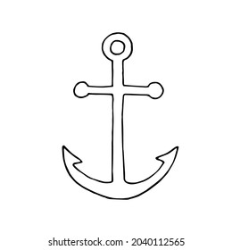 Anchor of the ship. Vector. Doodle. Hand-drawn illustration. Silhouette. Black and white outline. Coloring.