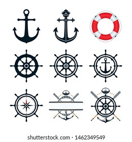 Anchor, ship wheel, captains hat oar, and life buoy icons design. Nautical icons on white background. 