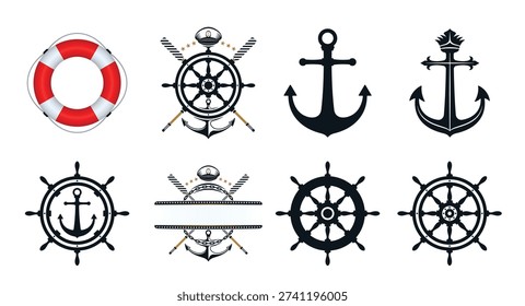Anchor, ship wheel, captains hat oar, and life buoy icons design. Nautical icons on white background. 