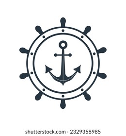 Anchor and ship wheel icon. Marine logo. Nautical symbol isolated on white background. Vector illustration in flat style.
