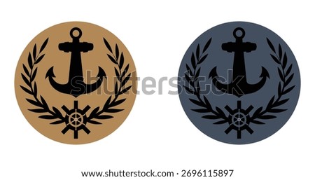 Anchor, Ship Wheel, and Laurel Crest or Emblem Set