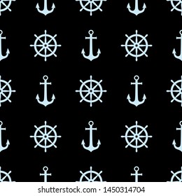 Anchor and ship wheel seamless pattern design. Vector nautical sea pattern print, blue ship wheel and anchor on black background.