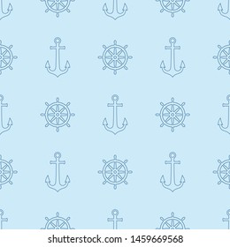 Anchor and ship wheel seamless pattern design. Vector nautical sea pattern print, ship wheel and anchor on blue background.