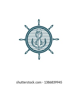 Anchor with Ship Whell Logo Design Inspiration. Vintage Concept.