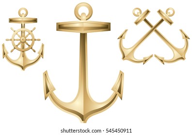Anchor and Ship's wheel, golden sea logo, vector decorative design element