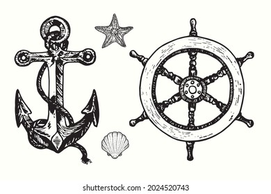 Anchor, ship`s wheel, sea star and seashell. Ink black and white doodle drawing in woodcut outline style illustration