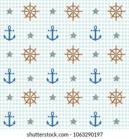 Anchor and shipwheel nautical pattern. A playful, modern, and flexible pattern for brand who has cute and fun style. Repeated pattern. Happy, bright, and nautical mood.