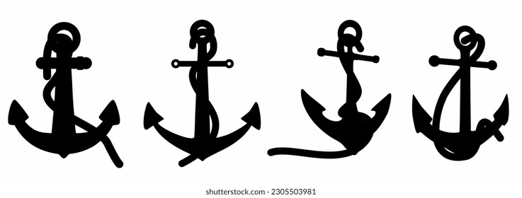 Anchor silhouette icon set. Anchor in the sea. Nautical symbol. Simple anchor collection flat style